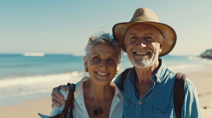 Portrait happy smiling mature couple walking in seaside beach in a romantic holiday. Generated AI