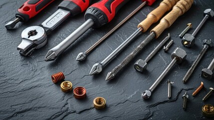 A set of screwdrivers, screws and bolts on a gray table