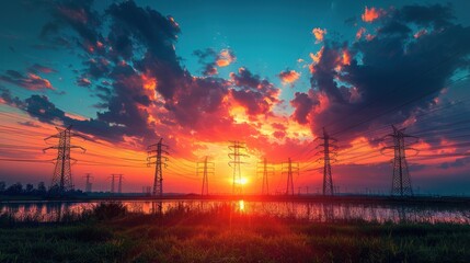 High voltage power lines at sunset, high towers of high voltage electricity transmission