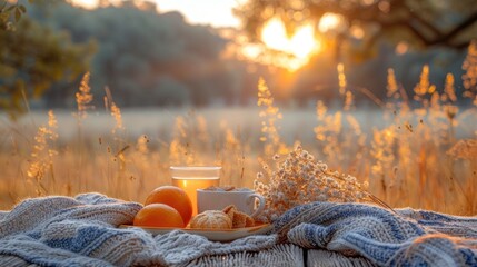 Two glasses of warm tea with bread on an outdoor nature background