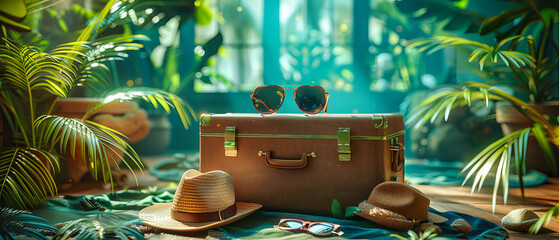 Vintage Traveler’s Suitcase with Camera and Sunglasses, Ready for an Adventure, Classic and Stylish Tourism Theme