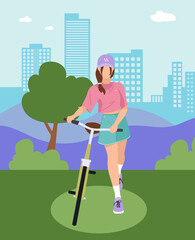 Beautiful girl with brown hair, purple cap, pink shirt, green skirt riding bike on road in city and park in flat style for posters, wallpapers, banners	