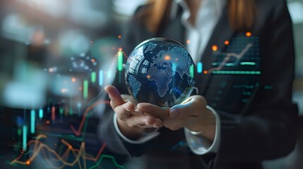 Global Business Experience: Businesswoman Holding Virtual Earth Globe, Financial AI.