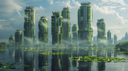 Frog architects meticulously construct skyscraper lily pads, towering above the swamp, a city of...
