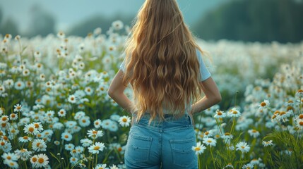 beautiful woman dressed in sexy clothes wearing jeans in the flower garden, facing the back