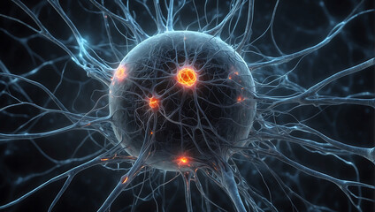A close up of a ball of nerve cell network with neon orange glow light and explaining neuroscience on a dark black blur background