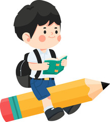 Happy boy student reading on Pencil back to school