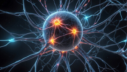 A close up of a ball of nerve cell network with neon orange glow light and explaining neuroscience on a dark black blur background