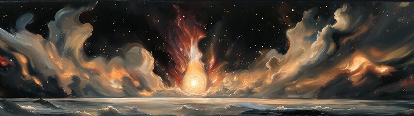 panoramic background for double screen or banner of a painting of a fiery explosion in the sky with a large sun in the middle
