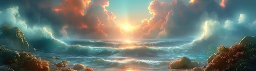 panoramic background for double screen or banner of a beautiful painting of a sunset over the ocean with a wave crashing in the background