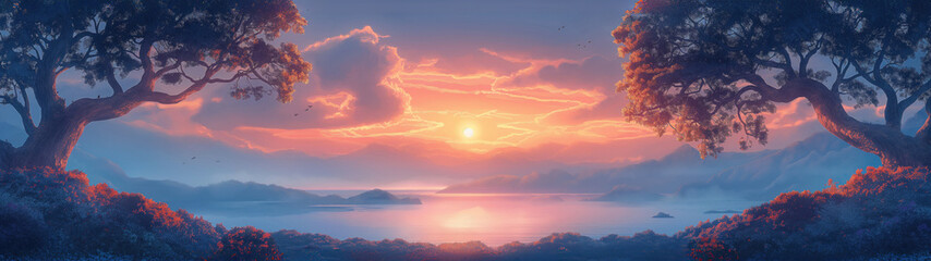 panoramic background for double screen or banner of a beautiful landscape with a sunset in the background