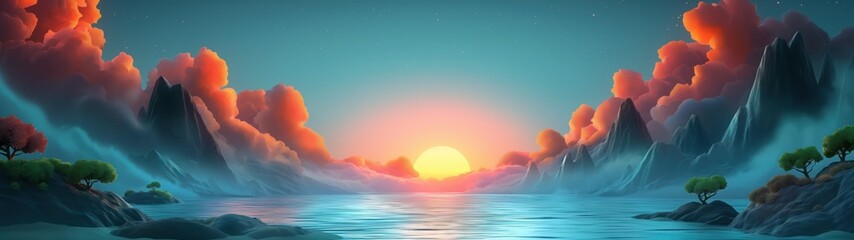 panoramic background for double screen or banner of a beautiful sunset over a body of water with mountains in the background