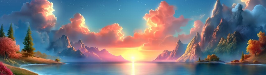 panoramic background for double screen or banner of a beautiful landscape with a sunset in the background. The sky is filled with clouds and the sun is setting over the water