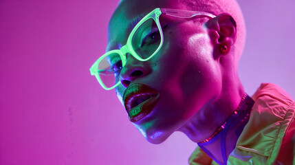 Young stylish albino woman model posing for edgy and modern fashion editorial. Conceptual photo in vivid neon colors. Haute couture contemporary trends