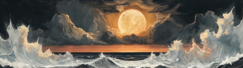 panoramic background for double screen or banner of a painting of a moonlit ocean with a large moon in the sky