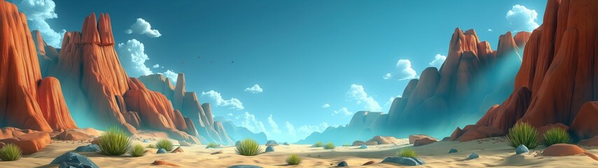 panoramic background for double screen or banner of a desert landscape with mountains in the background
