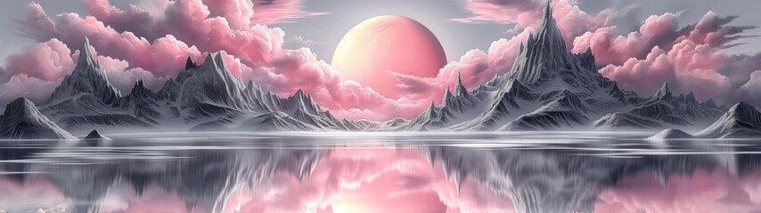 panoramic background for double screen or banner of a beautiful landscape with a pink sun and mountains in the background