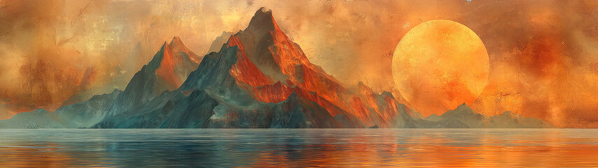 panoramic background for double screen or banner of a painting of a mountain range with a large orange sun in the background