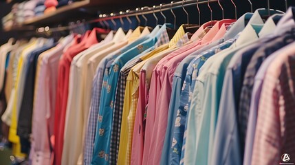 Neatly organized rows of colorful shirts and blouses hanging on racks, creating a mesmerizing visual display in a trendy clothing store