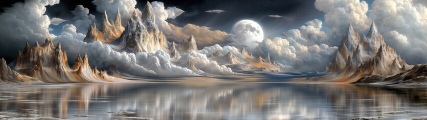 panoramic background for double screen or banner of a painting of a mountain range with a large moon in the sky. The sky is filled with clouds and the mountains are covered in snow