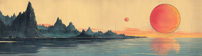 panoramic background for double screen or banner of a painting of a sunset with a large red sun and two smaller suns in the sky