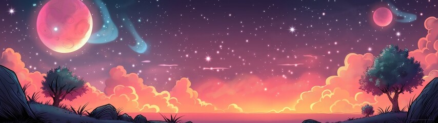 panoramic background for double screen or banner of a beautiful, colorful, and peaceful scene of a starry sky with a tree in the foreground