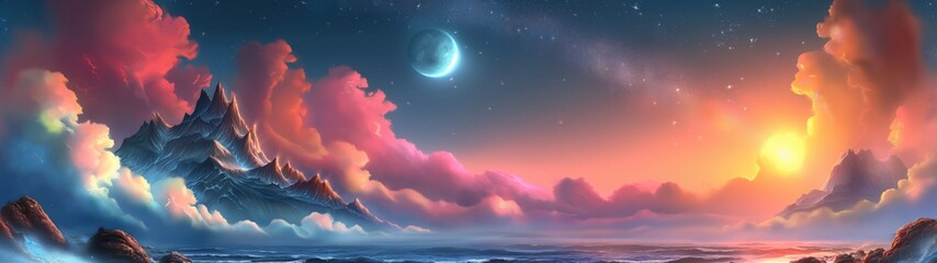 panoramic background for double screen or banner of a beautiful landscape with a mountain and a large moon in the sky