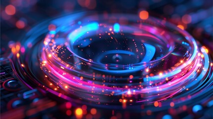 Visualize electrons weaving around a transparent button, emitting vibrant hues of light reminiscent of an aurora.