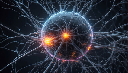 A close up of a ball of nerve cell network with neon orange glow light and explaining neuroscience on a dark black blur background