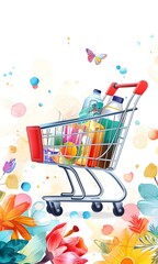 Different food products  into shopping cart on white background