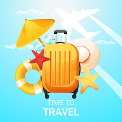 Time to travel. Background with travel bag, hat, sunglasses, airplane. Vacation time. Summer time. Vector illustration.