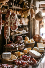 Rustic Italian Deli with Hanging Salamis and Variety of Cheeses