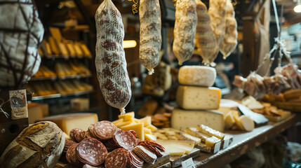 Rustic Italian Deli with Hanging Salamis and Variety of Cheeses