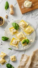 Handmade Ravioli on Marble with Basil Decoration in Simple Kitchen