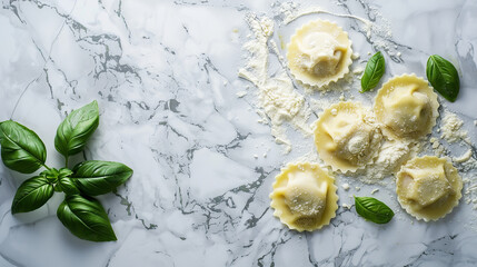 Handmade Ravioli on Marble with Basil Decoration in Simple Kitchen