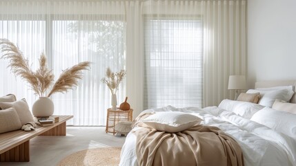 Tranquil and airy bedroom bathed in natural light with delicate textures and a touch of nature