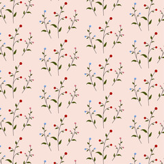 Seamless soft spring pattern with blue, red, pink flowers, green leaves for wrapping, holidays, packaging, wallpapers, notebooks, fabrics