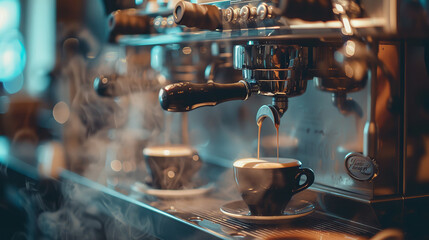 Cozy Italian Coffee Bar with Barista Pouring Espresso  