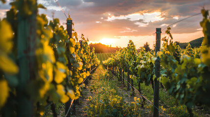 Tranquil Italian Vineyard at Sunset with Rows of Grapevines  