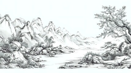 Chinese Style Ink Painting: Landscape with Mountains and Rivers, Vector Graphics