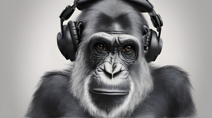 Illustration of Fantasy character with monkey head in Stylish glasses and headphones wearing Neon...