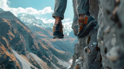 A person is standing on a rock with their feet in the air