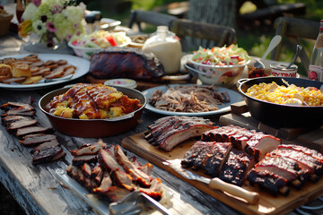 Obraz premium Table laden with barbecue ribs, brisket, pulled pork, cornbread, and coleslaw, festive 