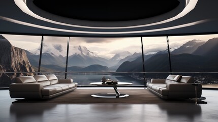 Obraz premium futuristic interior of modern minimalistic apartment with landscape glass windows looking at mountain.