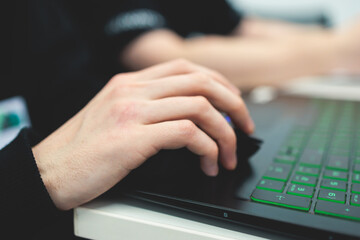 Software developer students in auditorium hall working on computer and laptop, programming contest hackathon competition, pc with coding program app, competitive programming for software engineer