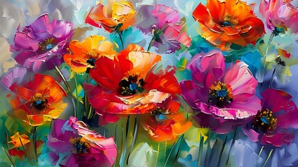 Oil Painted Bouquet: Lively Flowers Blooming on a Colorful Canvas Background.