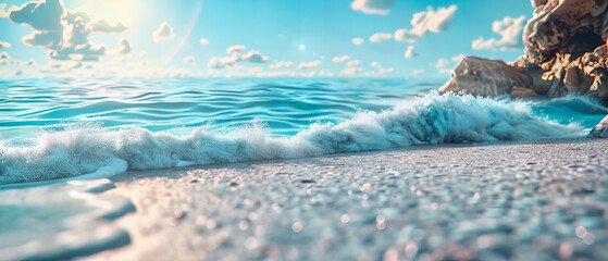 Waves Crashing on a Sunny Beach, Foam and Water Motion Captured in Bright Light, Refreshing Summer Seascape