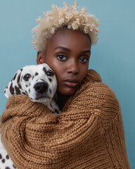 Close up portrait of a fashion black woman and Dalmatian dog on blue background. Minimal animal concept.