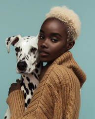 Close up portrait of a fashion black woman and Dalmatian dog on blue background. Minimal animal concept.