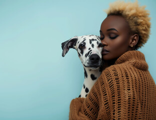 Elegant Affection: Fashion black woman hugging and kissing Dalmatian dog on blue background. Minimal animal concept with copy space.